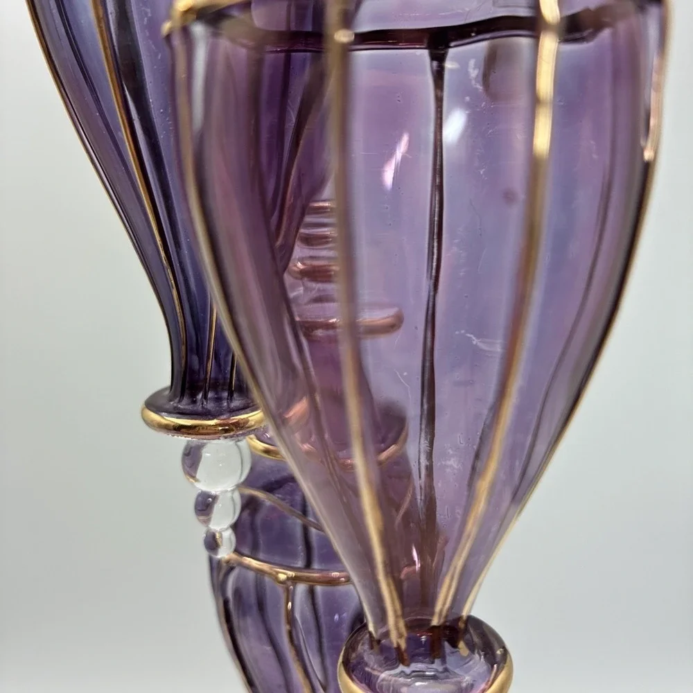 Purple Hand Blown Glass Ornaments Gold Filigree Teardrop Finial Set of 3 6